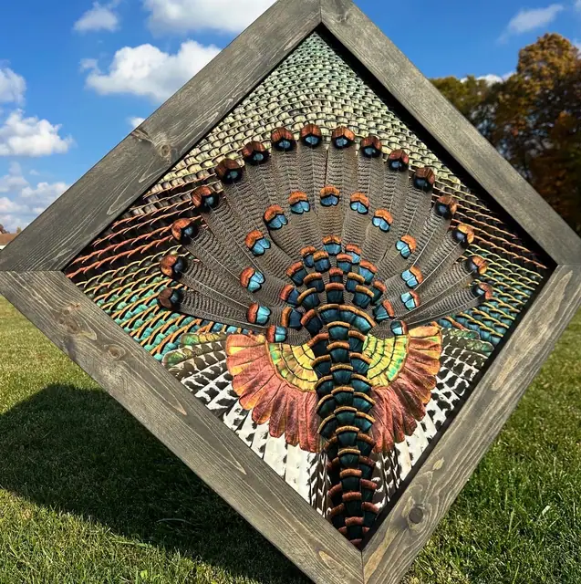 Diamond turkey feather art mount: wild turkey tail fan and wings framed in a handmade diamond frame by All Feathers Taxidermy