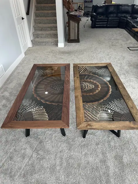 Custom turkey feather art table with feathers displayed under glass, built by All Feathers Taxidermy