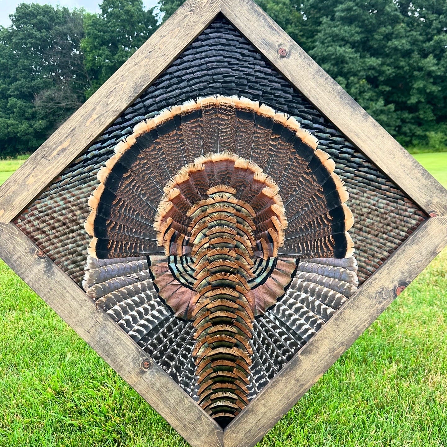 Finished diamond turkey feather art piece — the signature composition taught inside Feather Art Academy